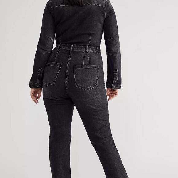 Free People CRVY Scandalous Black Denim Jumpsuit Coveralls Size 0 - Picture 1 of 10